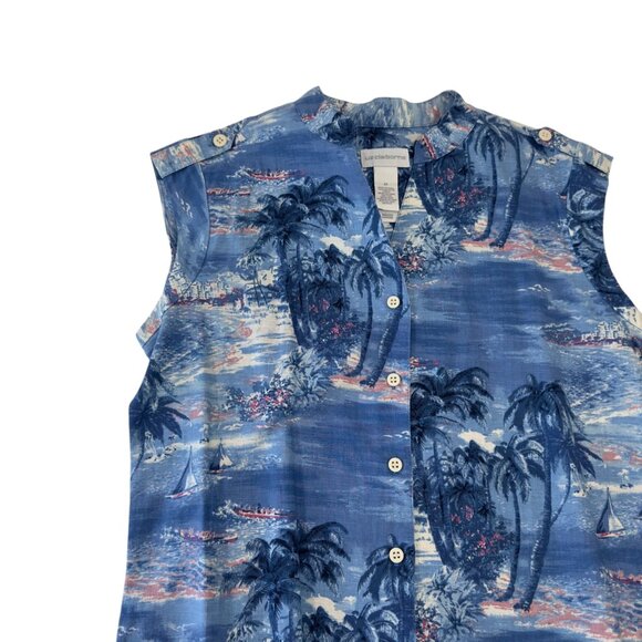 Liz Claiborne Women SZ M Sleeveless Collared Blue Hawaiian Print Blouse - Picture 2 of 10